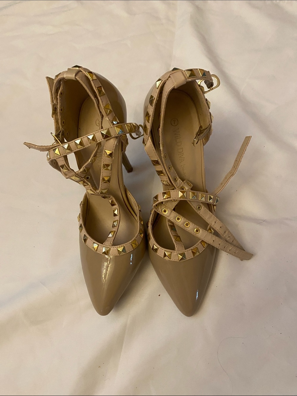 Wild Diva Nude Patent Pointed-Toe Studded Ankle-Strap Heels
